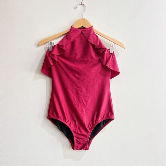 Shoshanna Wine Red One Shoulder Ruffle Swimsuit Women’s Size 4 Designer Swimwear - Picture 1 of 7
